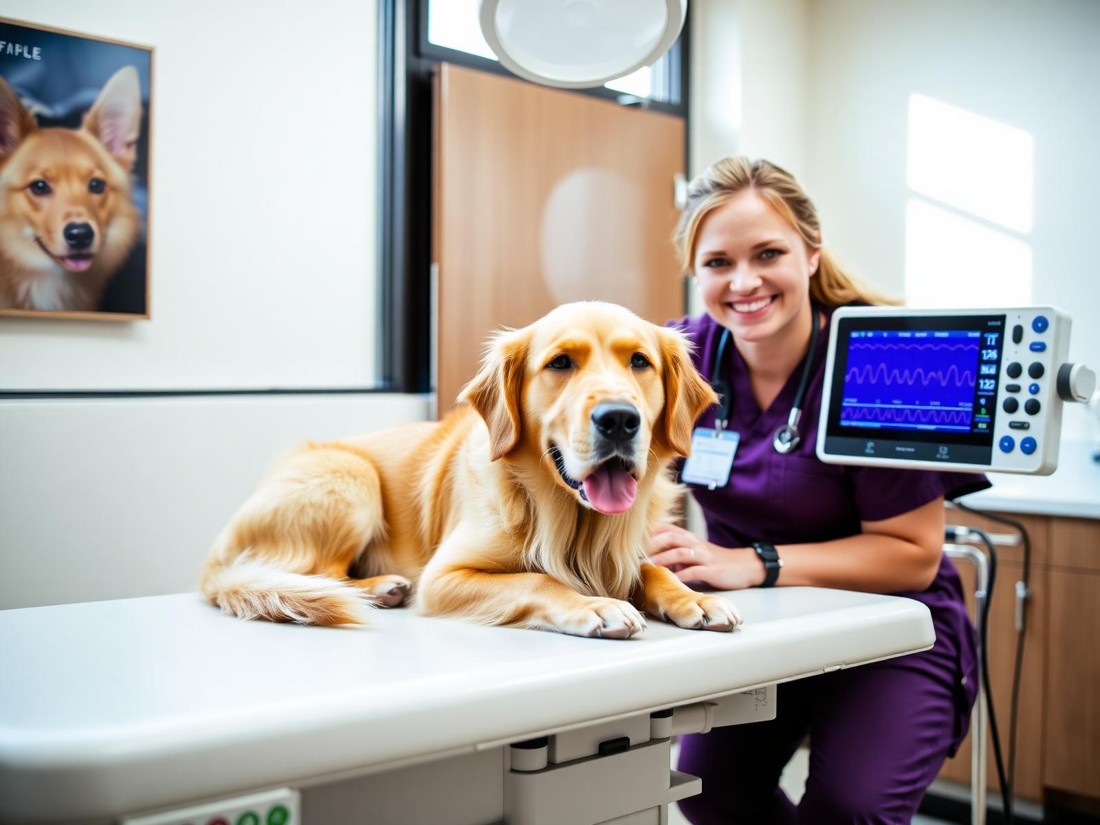 Veterinary professional caring for a dog beside a patient monitor